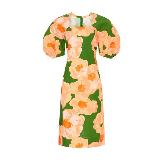 Eudon Choi Dresses & Skirts - Eudon Choi linen blend Orange Green Floral Puff Sleeve Midi Dress sz 2